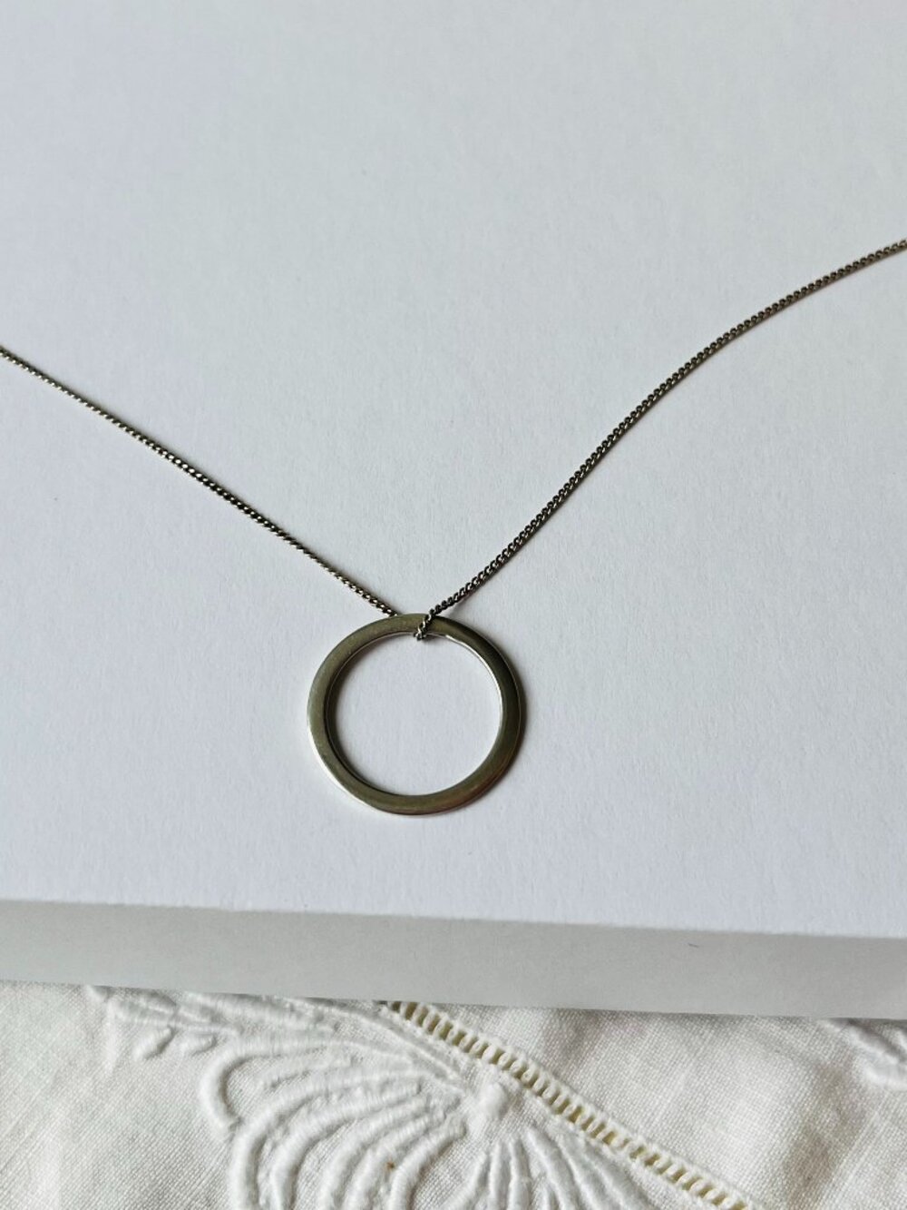 Vintage Sterling Silver Flat Circle Pendant and Chain